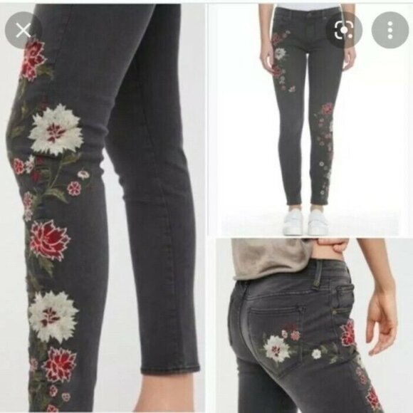 FP Free People DRIFTWOOD Jackie Floral Embroidered Jeans Black Size 26 - Picture 2 of 16